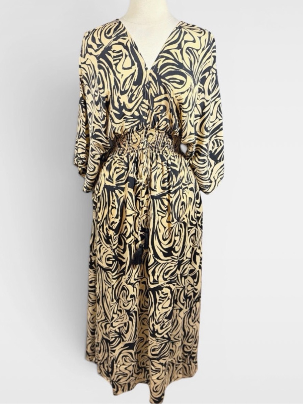 NWT WHITE WAVES 100% Artisan Silk Kimono Sleeve Maxi Dress Black/Beige, S/M